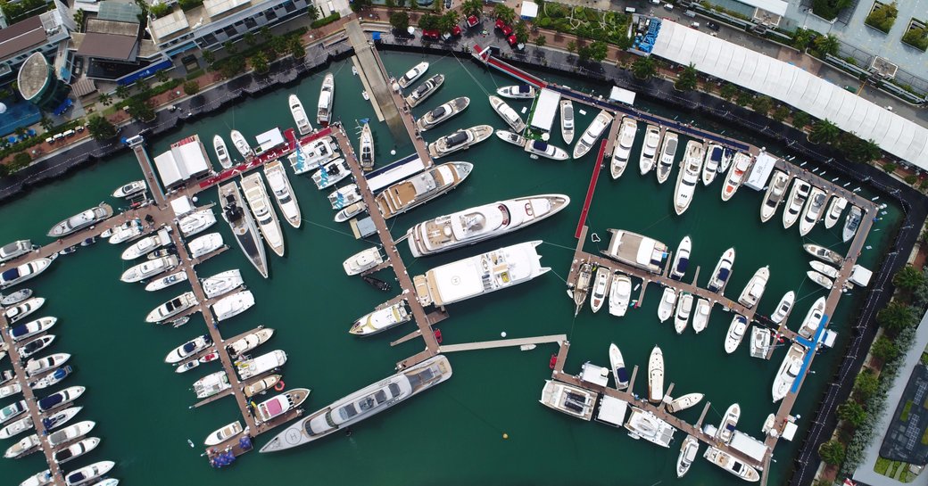 aerial view of yachts lined up in the One 15 Marina for the Singapore Yacht Show