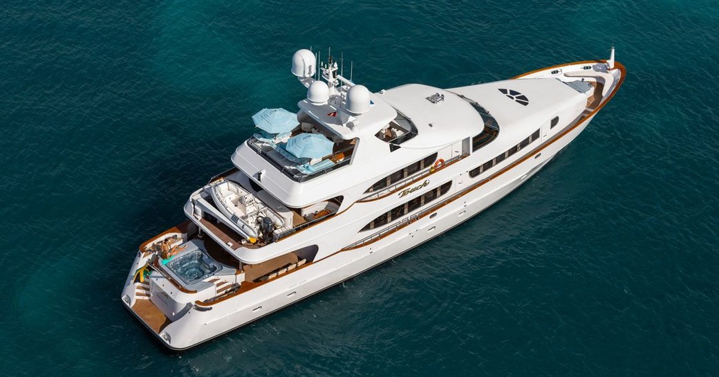 aerial view of superyacht TOUCH on charter in the Caribbean