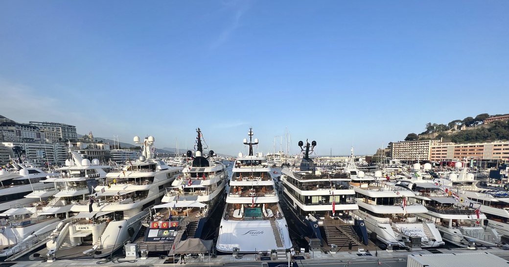 Yachts lined up at the Monaco Grand Prix 2022