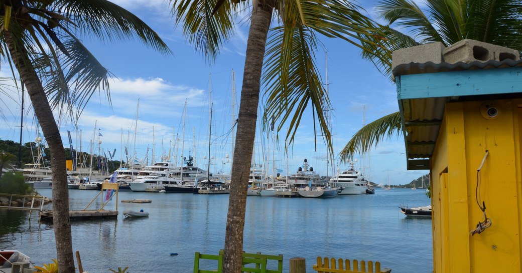 superyachts lined up for the Antigua Charter Yacht Show 