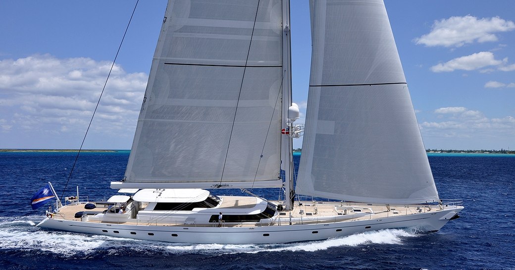 sailing yacht HYPERION cuts through the water on a Caribbean yacht charter