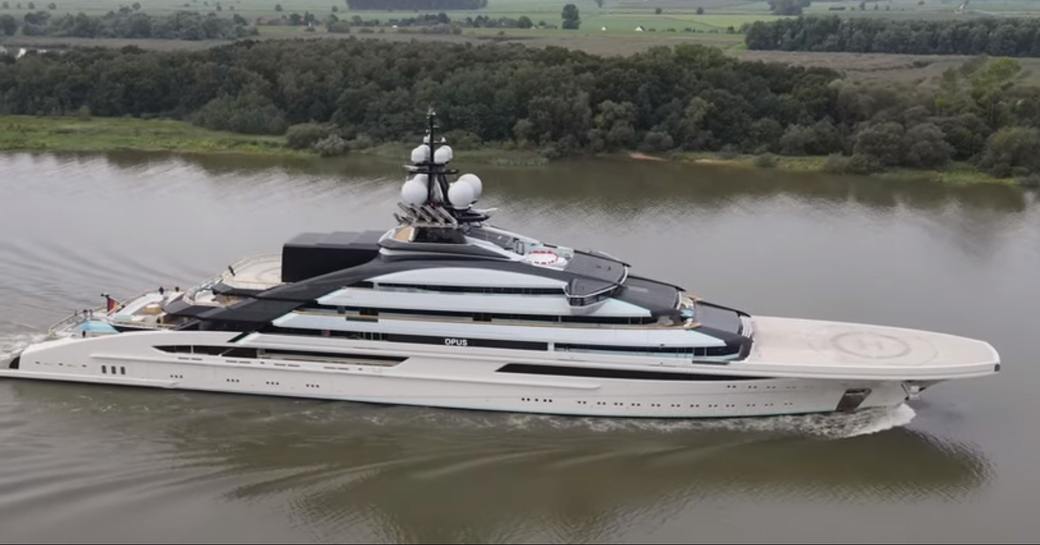 Lurssen megayacht NORD underway, surrounded by scenic countryside