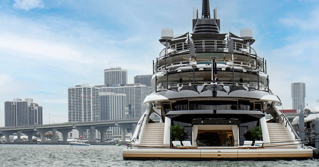 Aft view of charter yacht AHPO berthed in Miami