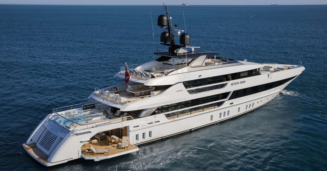 luxury yacht Seven Sins at anchor on a Mediterranean yacht charter