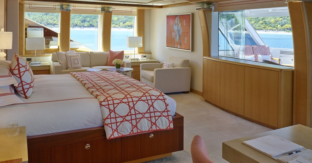 Large cabin on Victoria Del Mar with Queen bed looking onto large double window with plenty of light coming in