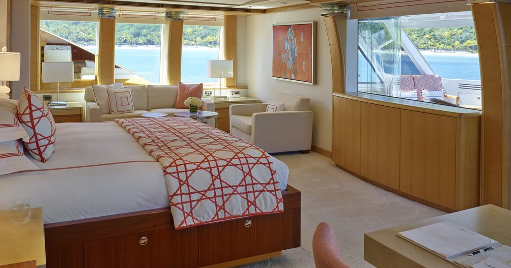 Large cabin on Victoria Del Mar with Queen bed looking onto large double window with plenty of light coming in