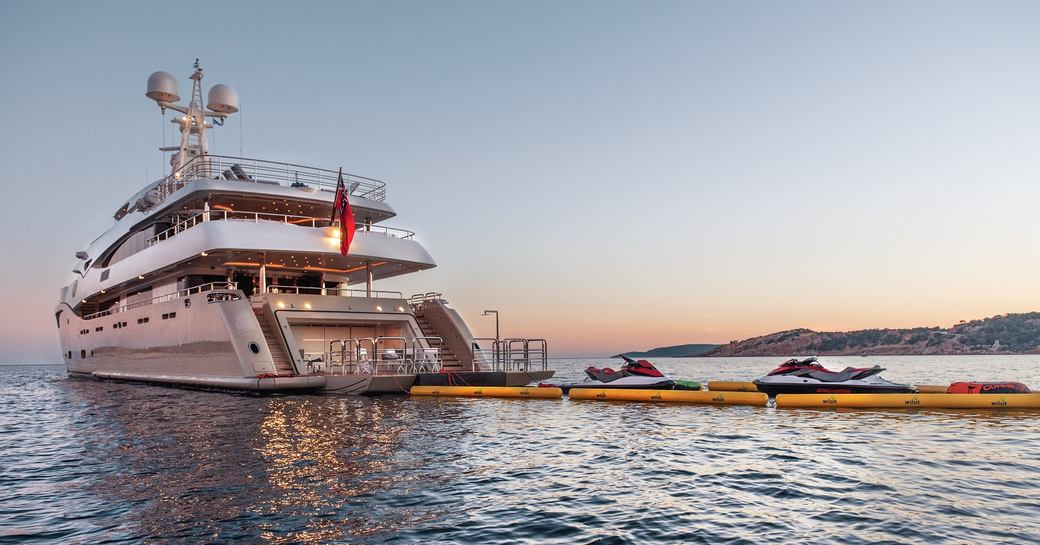 Sea-level view of the aft deck and deployed water toys of charter yacht ELENI
