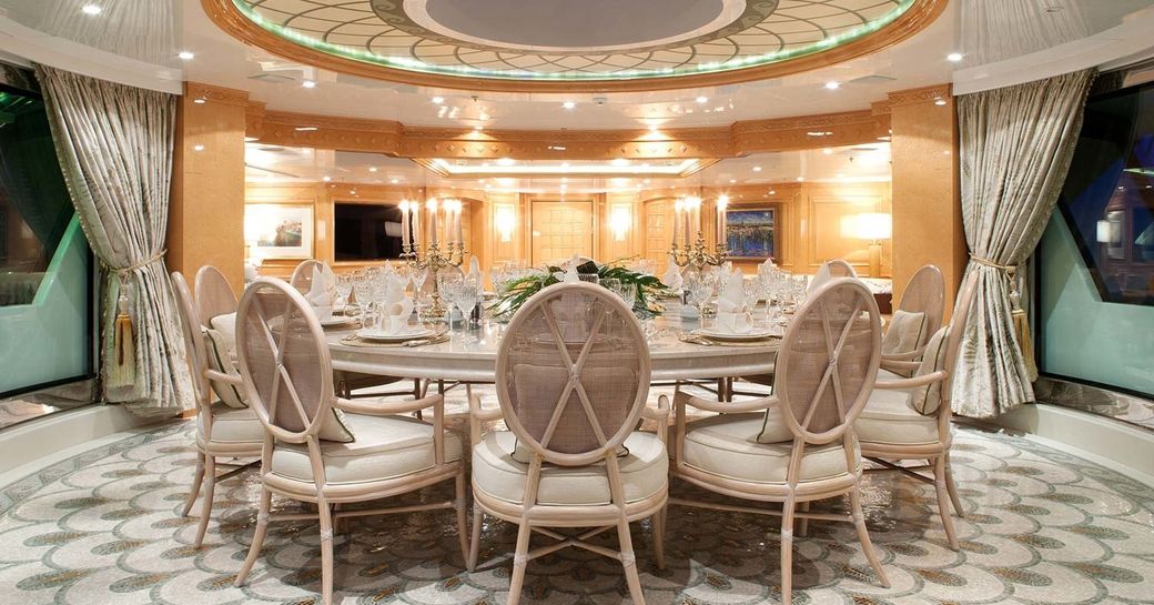 stunning upper deck dining area on board luxury yacht St David