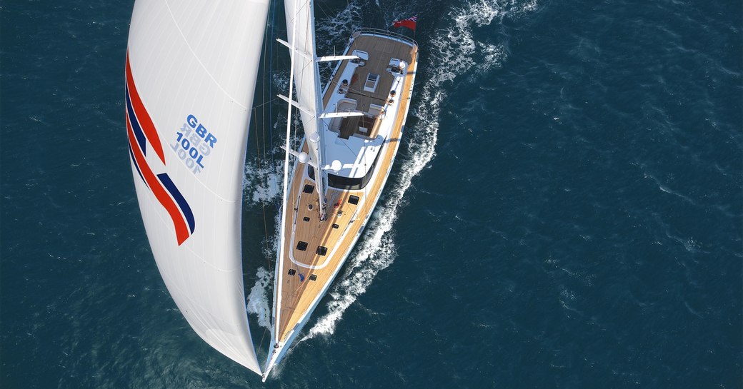 a shot of sailing yacht DANNESKJOLD from above before she competes in the Superyacht Challenge Antigua