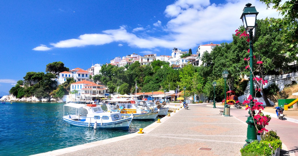 Skiathos town and harbor in Greece