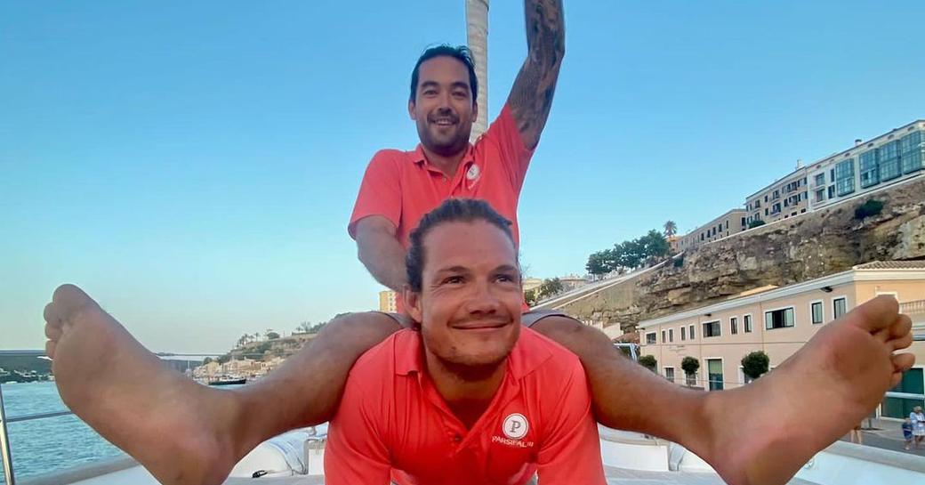 Gary King and crew mate on board Below Deck Sailing Yacht PARSIFAL III for season 3 around the Balearic island of Menorca