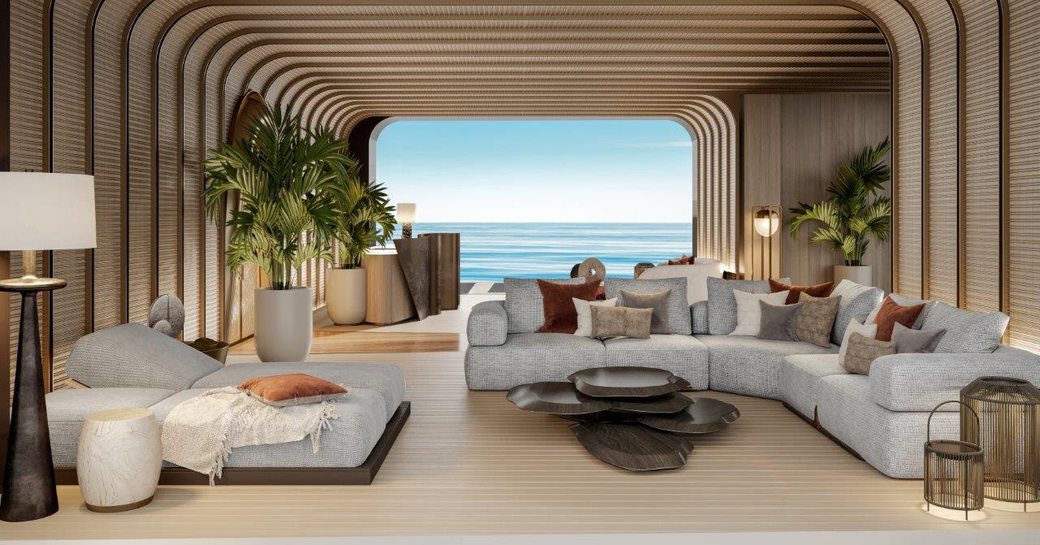 Overview rendering of the beach club onboard Benetti Project ORO. White seating to port and starboard with a view of the sea on the background.