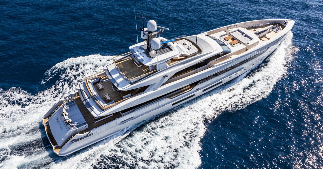 An aerial image of superyacht cruising