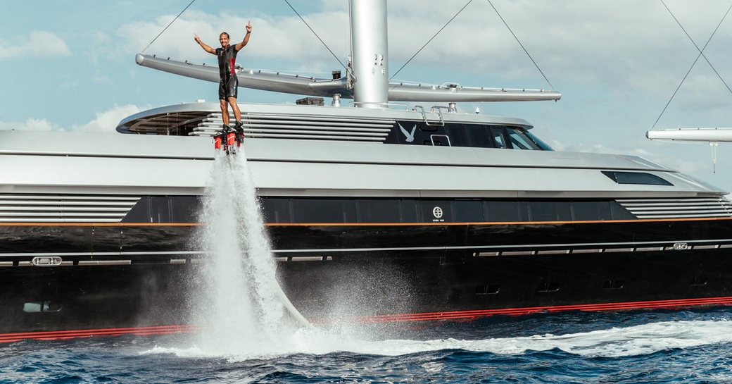 Flyboard user onboard SY Maltese Falcon