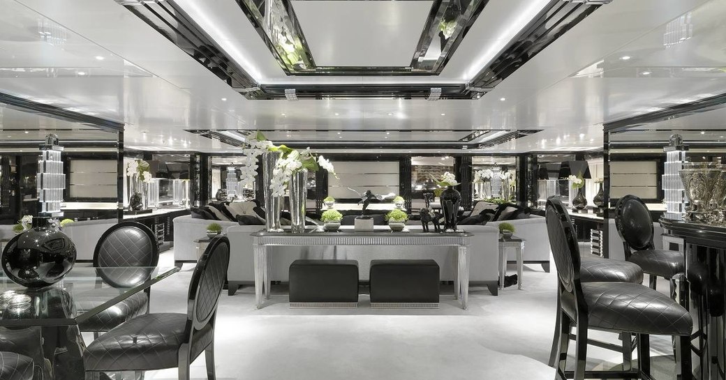 glittering monochrome salon aboard superyacht Silver Angel 