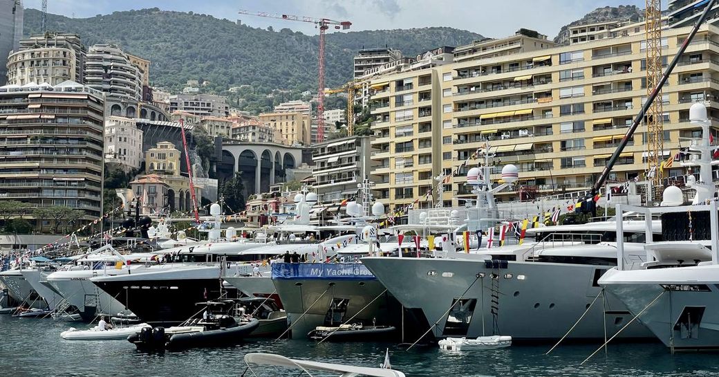 Yachts lined up at the Monaco Grand Prix 2022