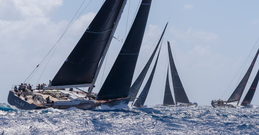 sailing yacht WINDFALL cuts through the water behind three other yachts at Les Voiles de Saint Barth