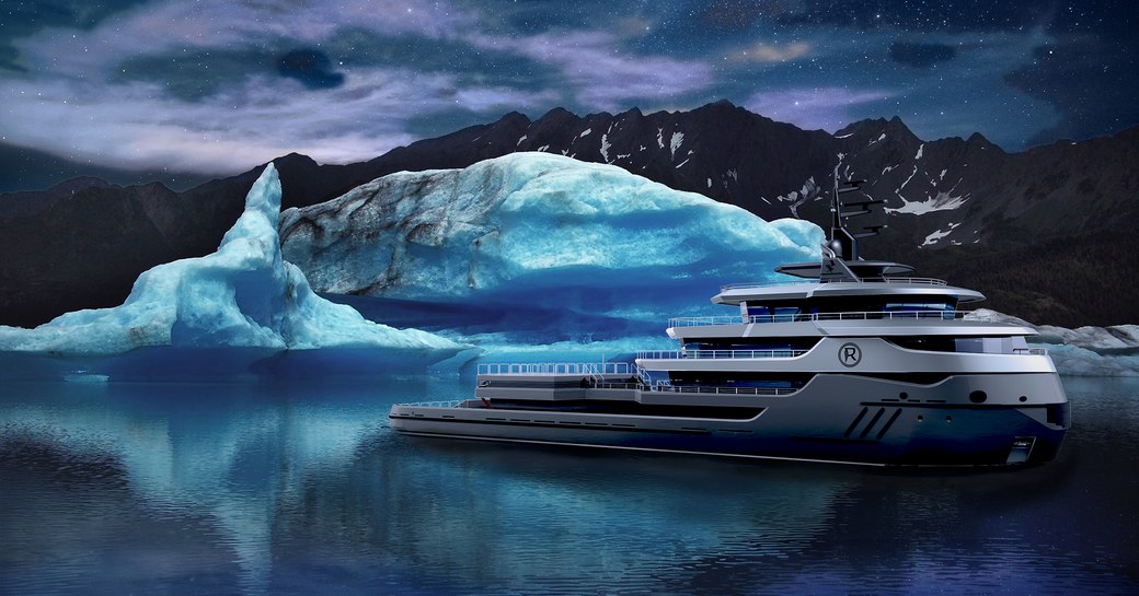 Explorer yacht RAGNAR in front  of iceberg with starry night sky and hills behind