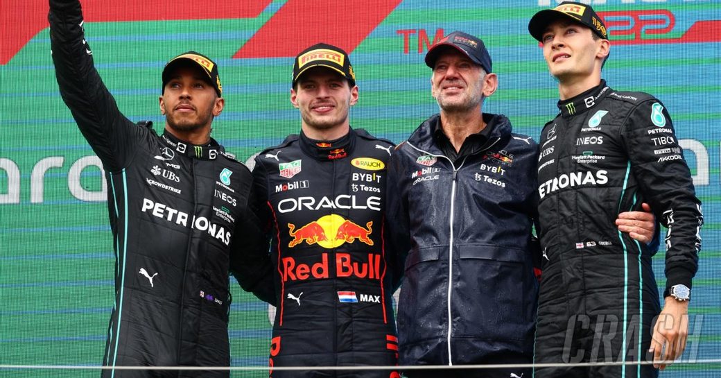 Team mates at red Bull and Mercedes pose for the cameras at a Grand Prix meeting