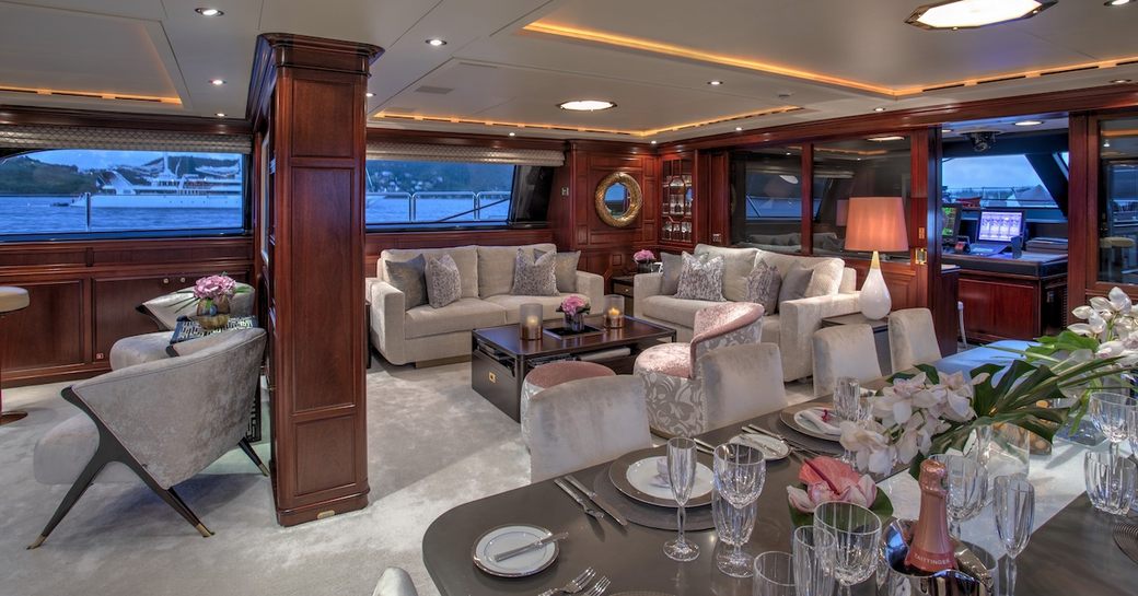 dining area and lounge in the main salon on board superyacht BLUSH 