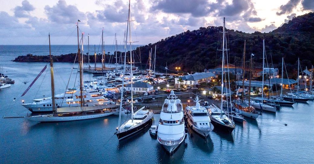 superyachts berthed in Nelson's Dockyard Marina for the Antigua Charter Yacht Show