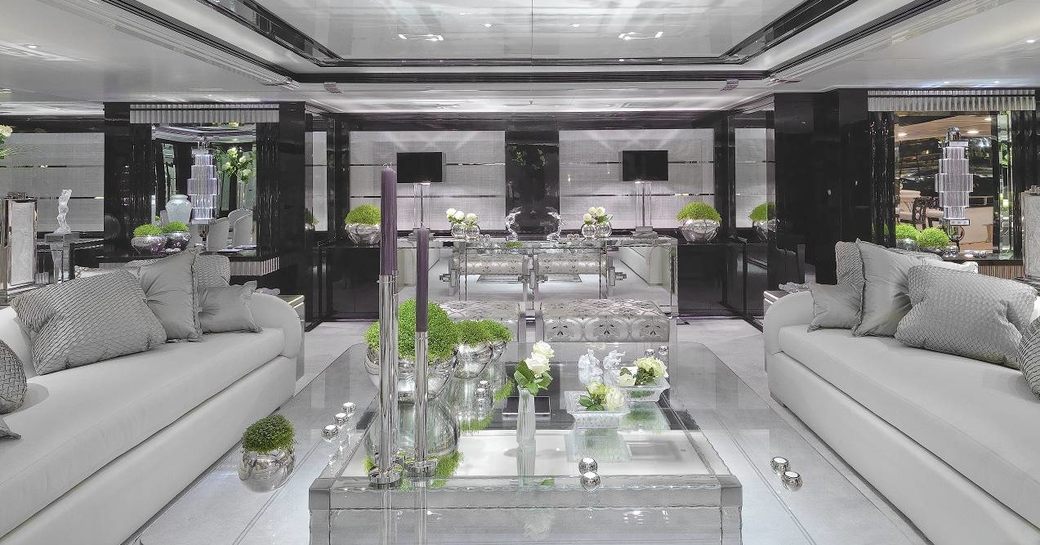 Art deco-inspired main salon aboard motor yacht ‘Silver Angel’