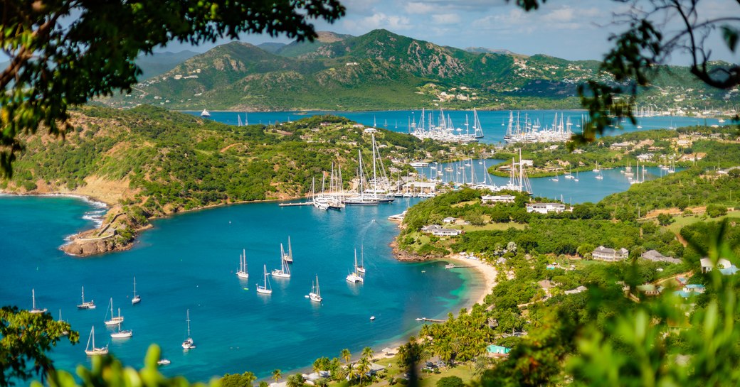 view of Antigua Charter Yacht Show taken from Shirley Heights 