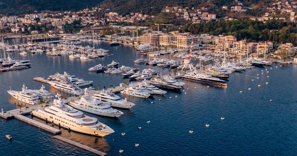 aerial shot of Porto Montenegro in Kotor Bay at dusk