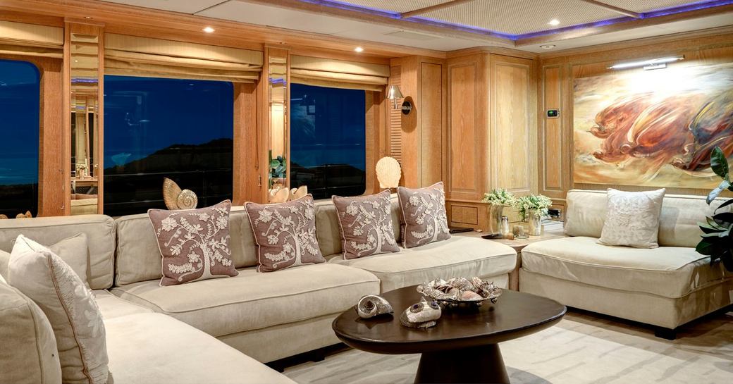 Lounge seating in the upper salon of charter yacht QUEST R