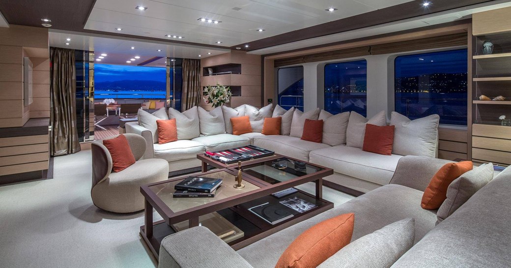 sumptuous lounge area in the main salon of motor yacht DYNAR 