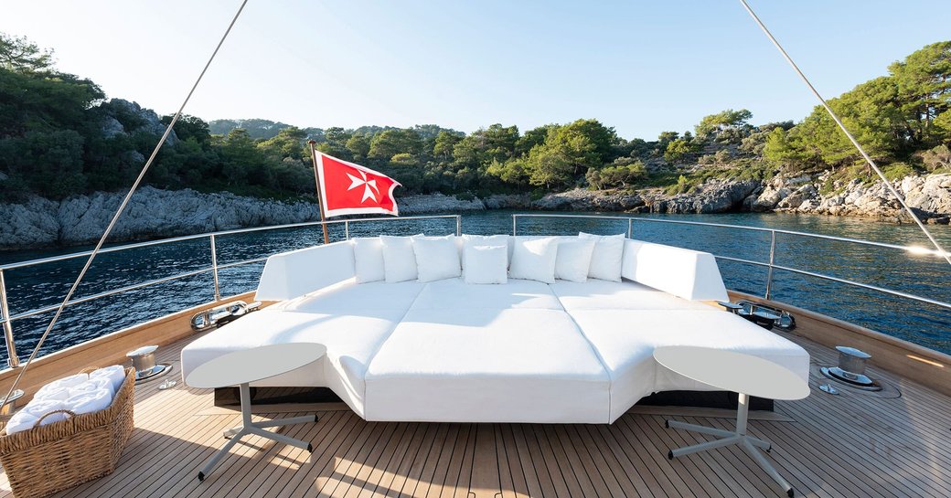 Overview of sun pads onboard charter yacht ATLANTIKA