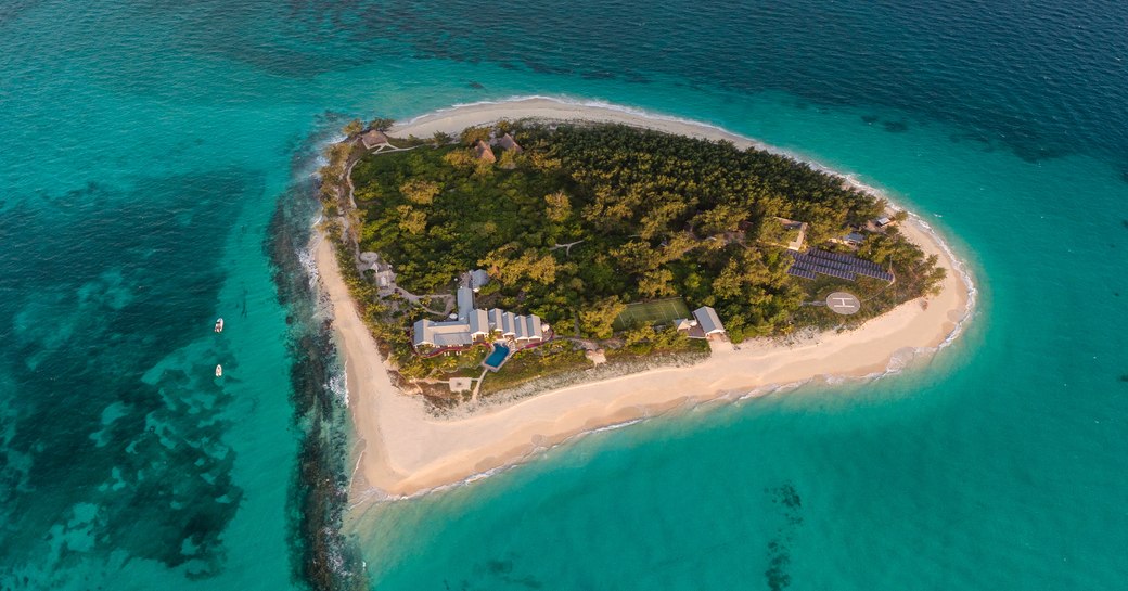 Aerial view over the private Thanda Island resort in the Indian Ocean