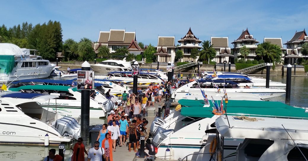 busy boardwalks at the Royal Phuket Marina in Phuket, Thailand