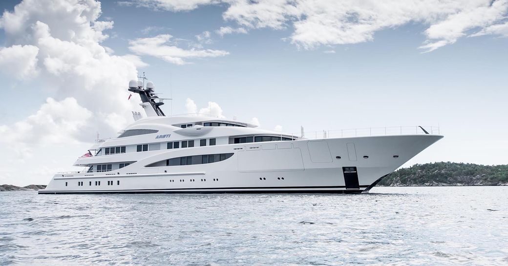 superyacht Areti anchors in the Mediterranean