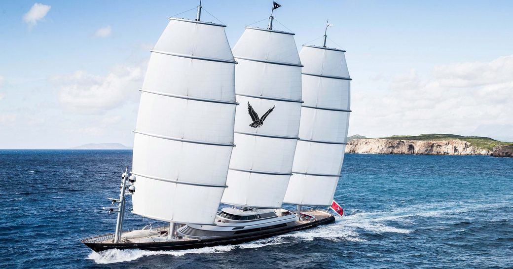Charter yacht MALTESE FALCON underway, surrounded by sea