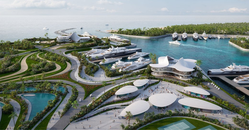 Aerial overhead rendering of Habacoa yacht club and the sea in the distance