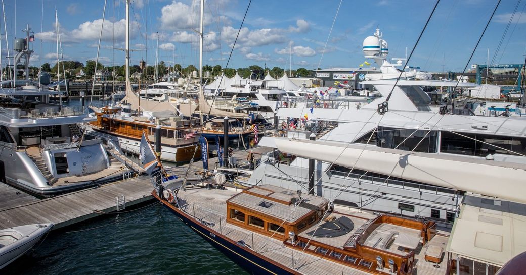 Overview of Safe Harbor Newport Shipyard, with multiple luxury yacht charters berthed