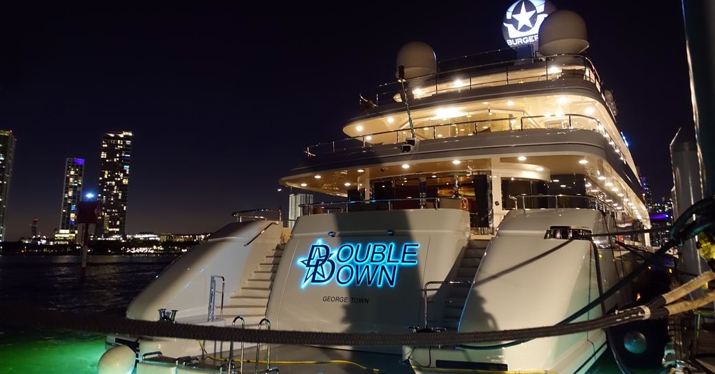 aft view of motor yacht Double Down at night
