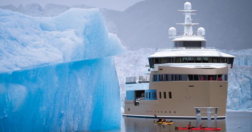 La Datcha on water with icebergs in foreground and background