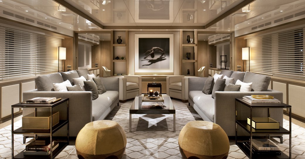 interior shot of main salon of luxury charter yacht orient star