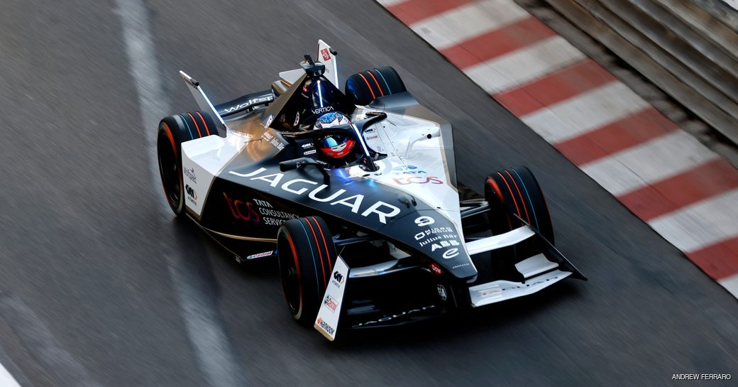 Formule E Jaguar race car with driver Mitch Evans in action at the Circuit de Monaco