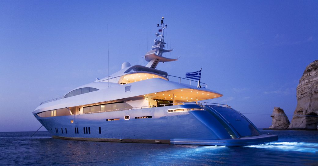 superyacht ‘Barents Sea’ lights up at night while docked in Greek waters