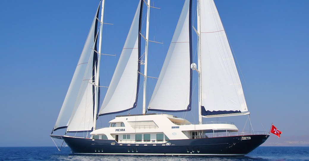 motorsailer yacht MEIRA anchors on a Mediterranean yacht charter