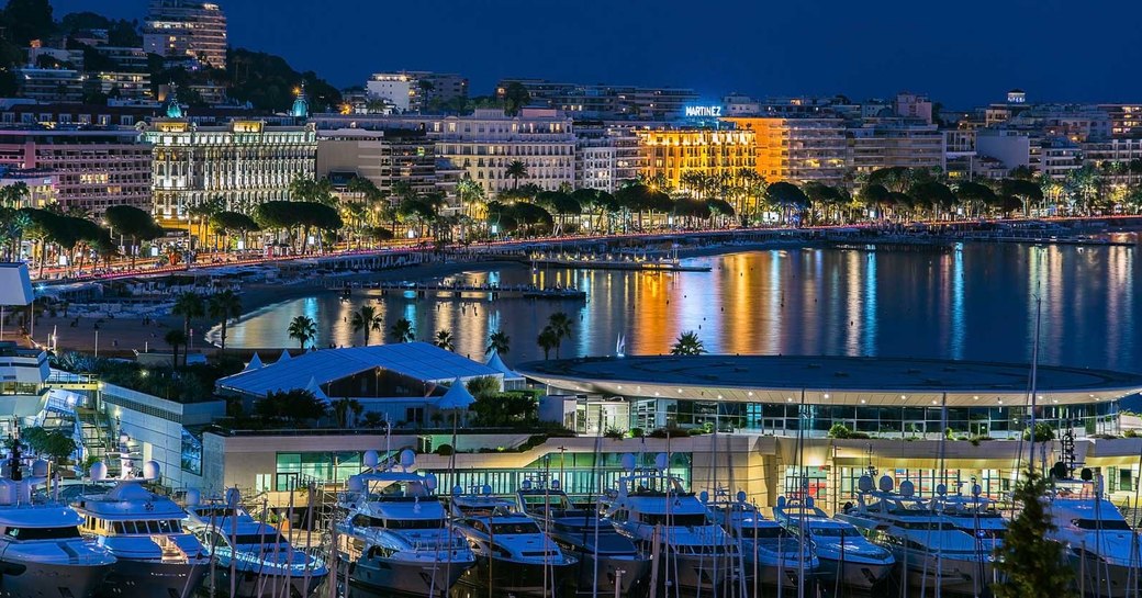 superyachts lined up in the Old Port of Cannes