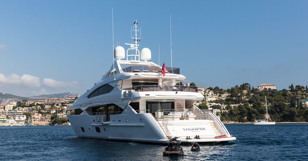 view of swim platform of superyacht THUMPER when cruising the French Riviera 