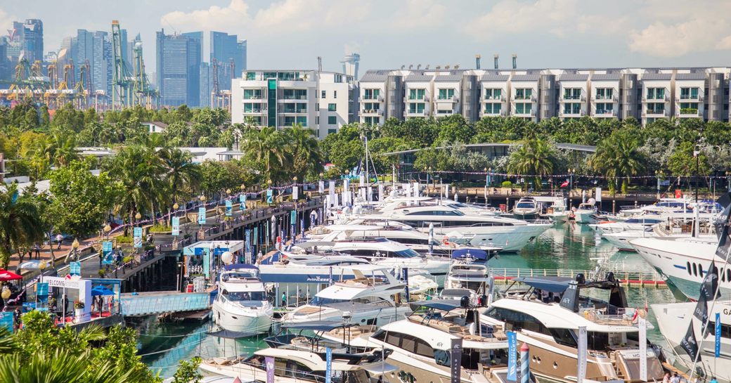 yachts line up at the One 15 Marina for the Singapore Yacht Show