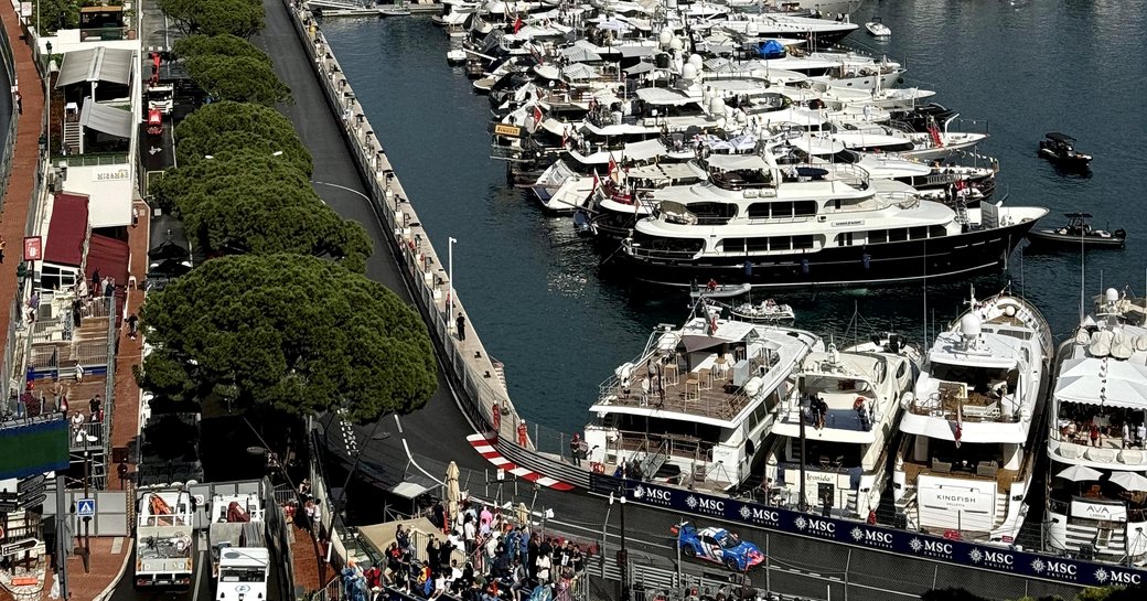Overhead view of Monaco Grand Prix with super yacht charters in Port Hercule
