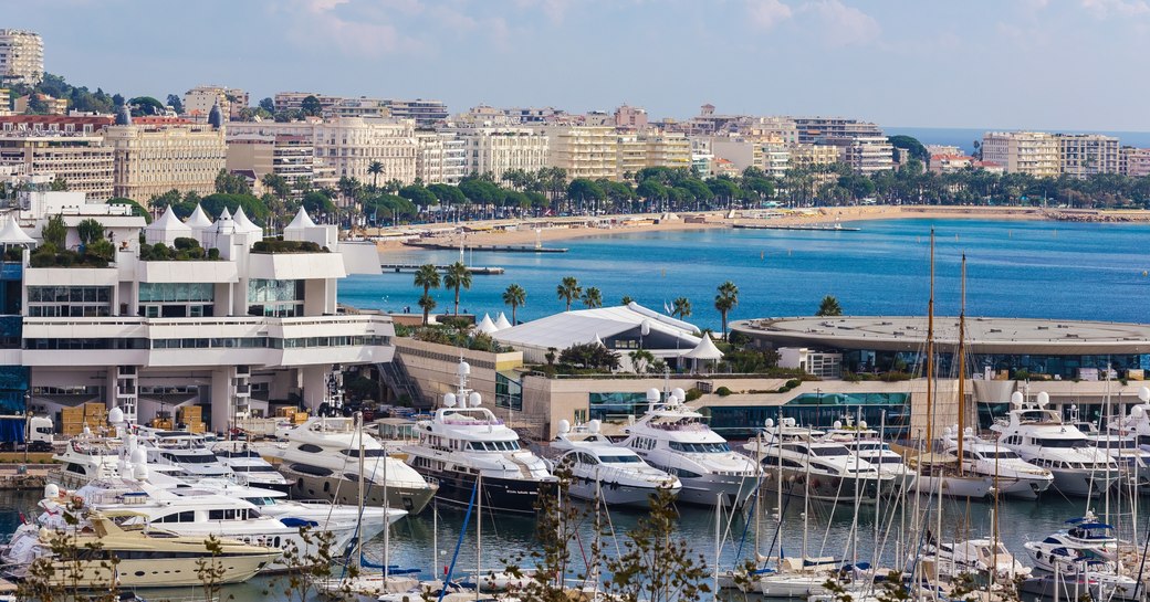 superyachts line the Jetee Edouard Albert in front of the Palais des Festivals 