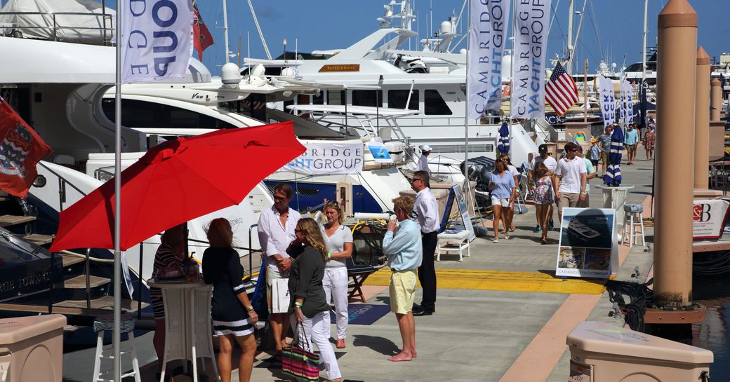 busy boardwalks at the Palm Beach Boat Show in Florida