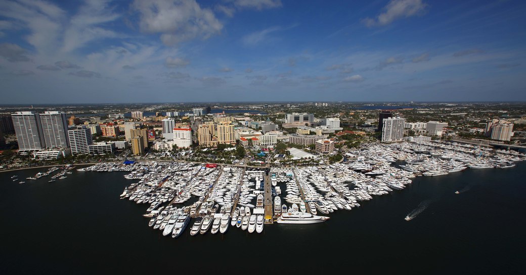 aerial shot of yachts and boats lined up in West Palm Beach for the Palm Beach Boat Show 2018